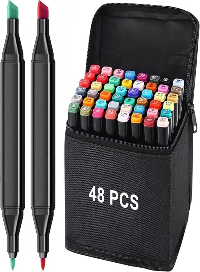 48 Pcs Dual Tip Alcohol Markers Set, Non-Toxic Art Supplies for Kids & Adults, Perfect Drawing, Illustration in Coloring Books Pen with Carry Case Set Colour Broad Drawing Sketching (48)